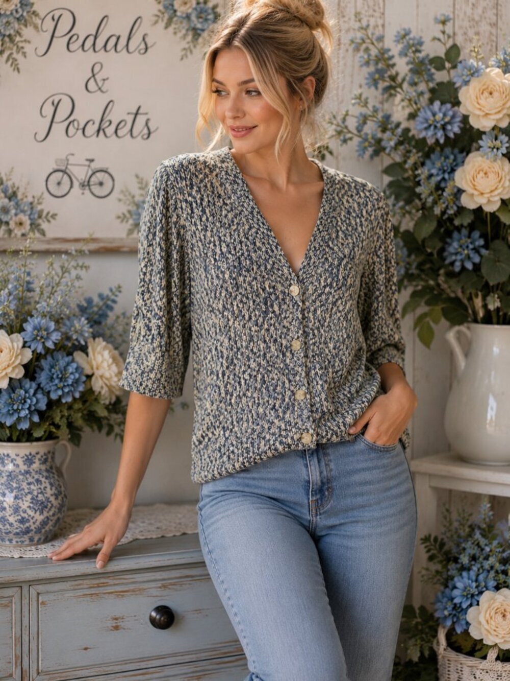 NWOT ANA A New Approach Large Blue Cream Marled Knit Cardigan Button Front Sweat